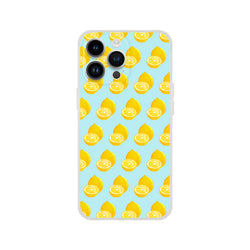 Pastel blue iPhone case featuring a yellow lemon pattern. Shock-absorbing TPU summer fruit phone cover for iOS 13-16.