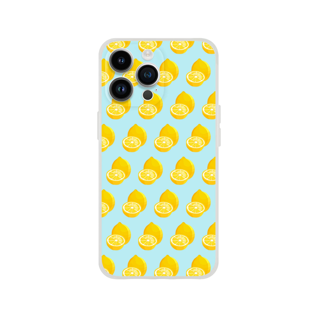 Pastel blue iPhone case featuring a yellow lemon pattern. Shock-absorbing TPU summer fruit phone cover for iOS 13-16.