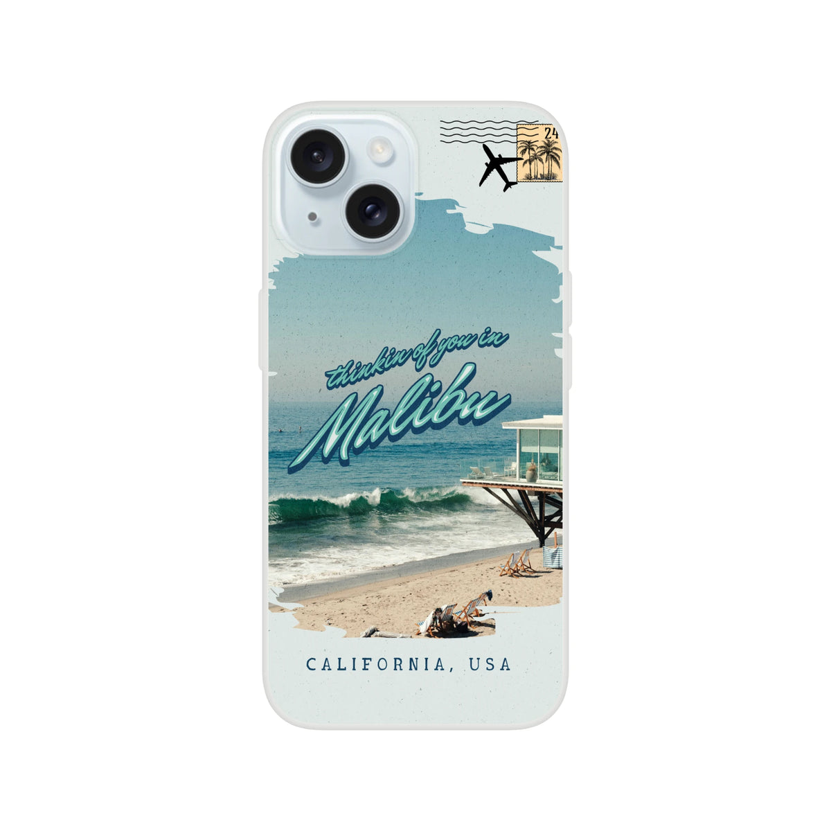 Vintage postcard Malibu Holiday iPhone case for iPhone 13-16 with palm trees and ocean scene