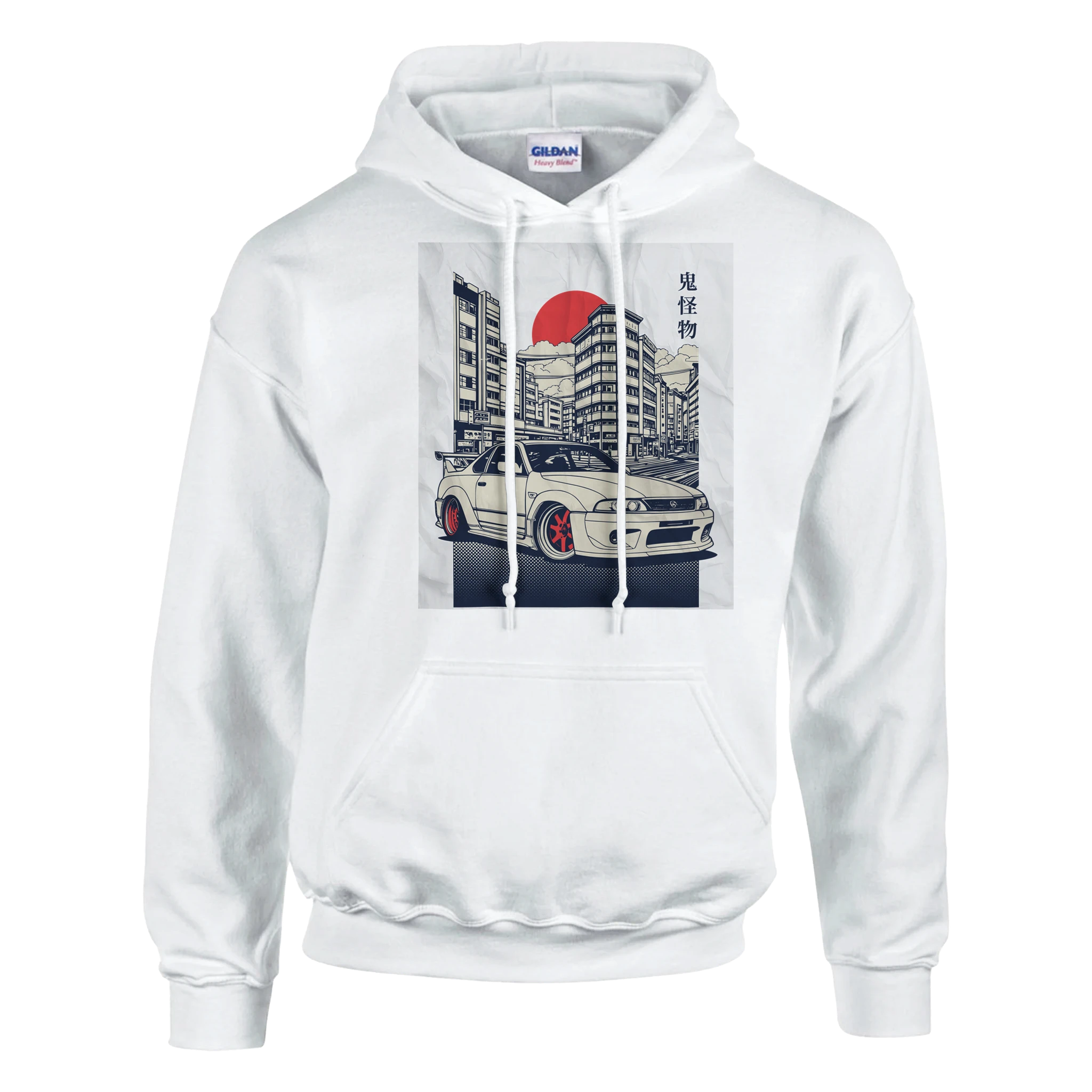 White hoodie with a cityscape and red sun graphic featuring a JDM car on the chest.