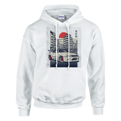 White hoodie with a cityscape and red sun graphic featuring a JDM car on the chest.