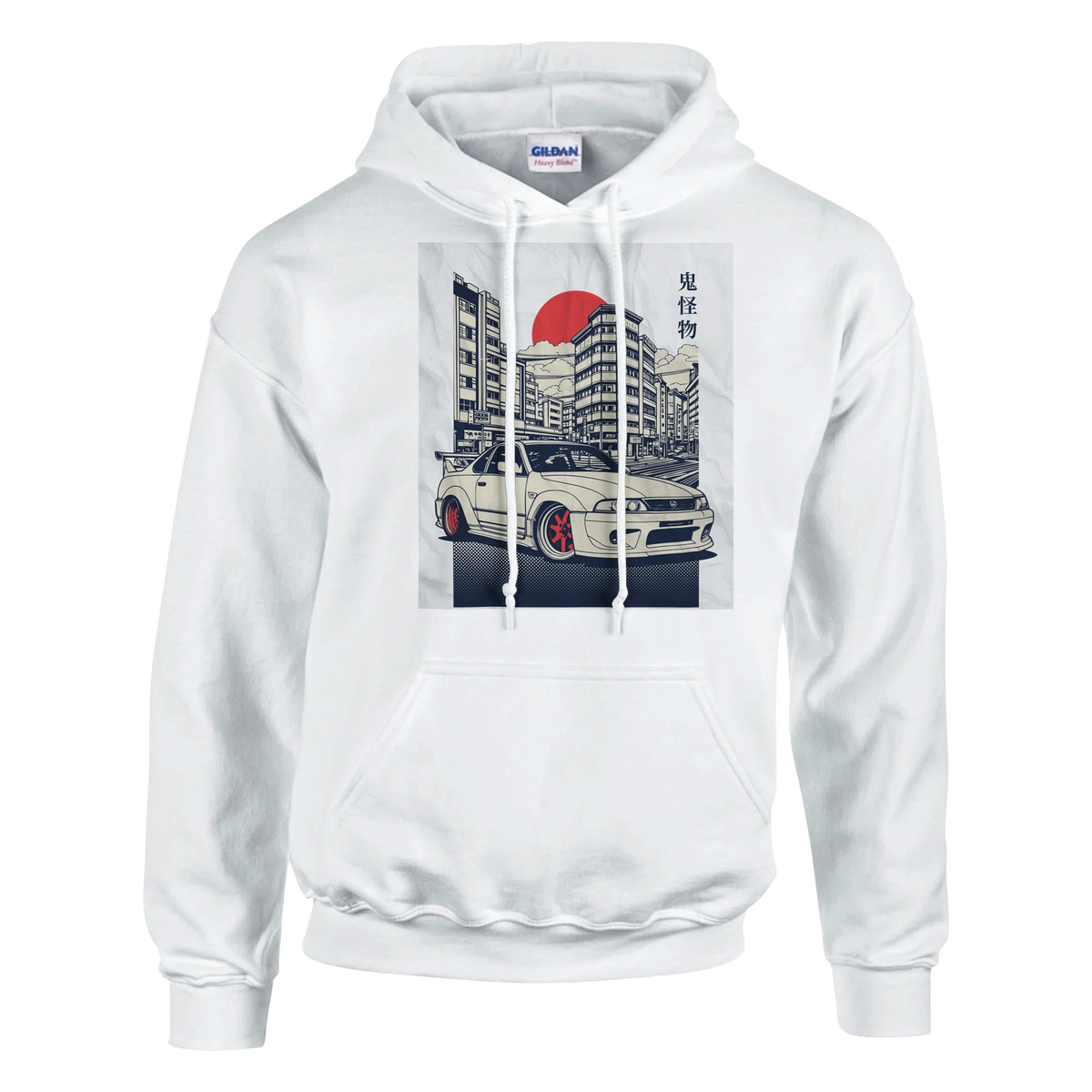 White hoodie with a cityscape and red sun graphic featuring a JDM car on the chest.