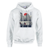 White hoodie with a cityscape and red sun graphic featuring a JDM car on the chest.