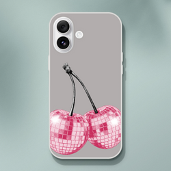Y2K Glitter Cherries iPhone Case (13-16) in matte gray with retro cherry motif.