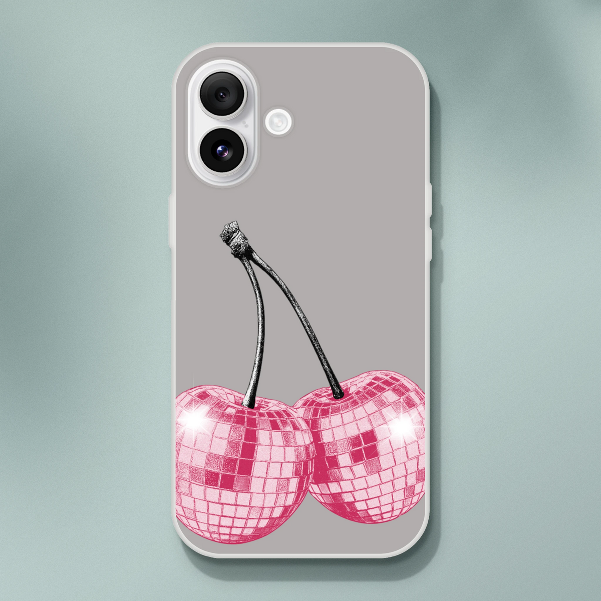 Y2K Glitter Cherries iPhone Case (13-16) in matte gray with retro cherry motif.