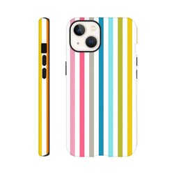 Retro rainbow vertical stripe tough iPhone case with vibrant pink, blue, yellow, and green accents for streetwear style.