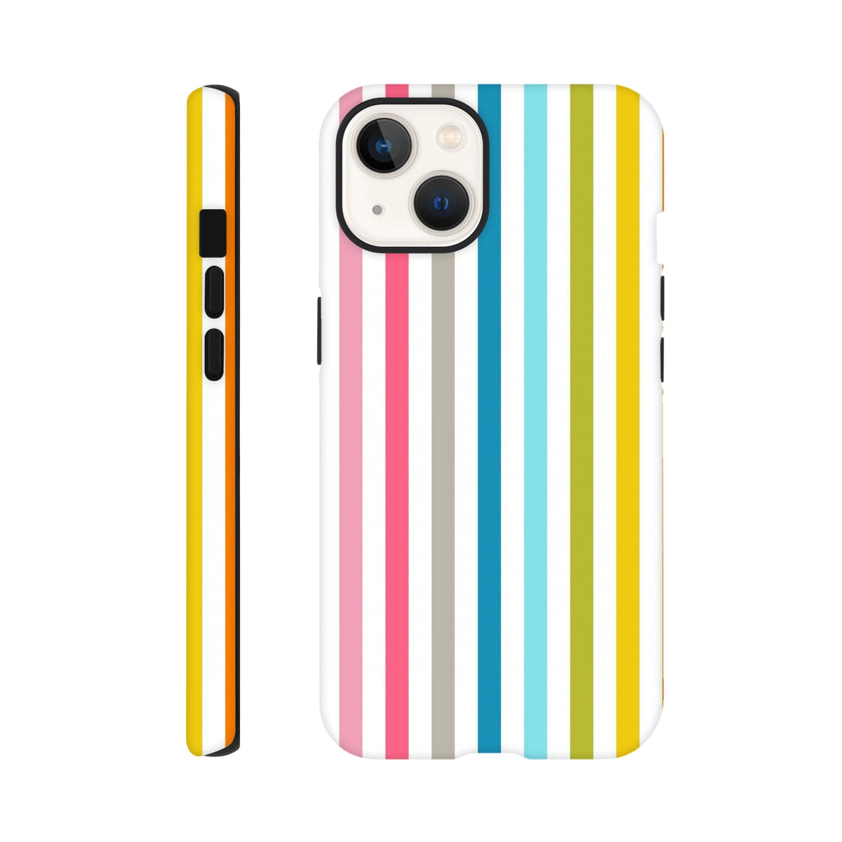 Retro rainbow vertical stripe tough iPhone case with vibrant pink, blue, yellow, and green accents for streetwear style.