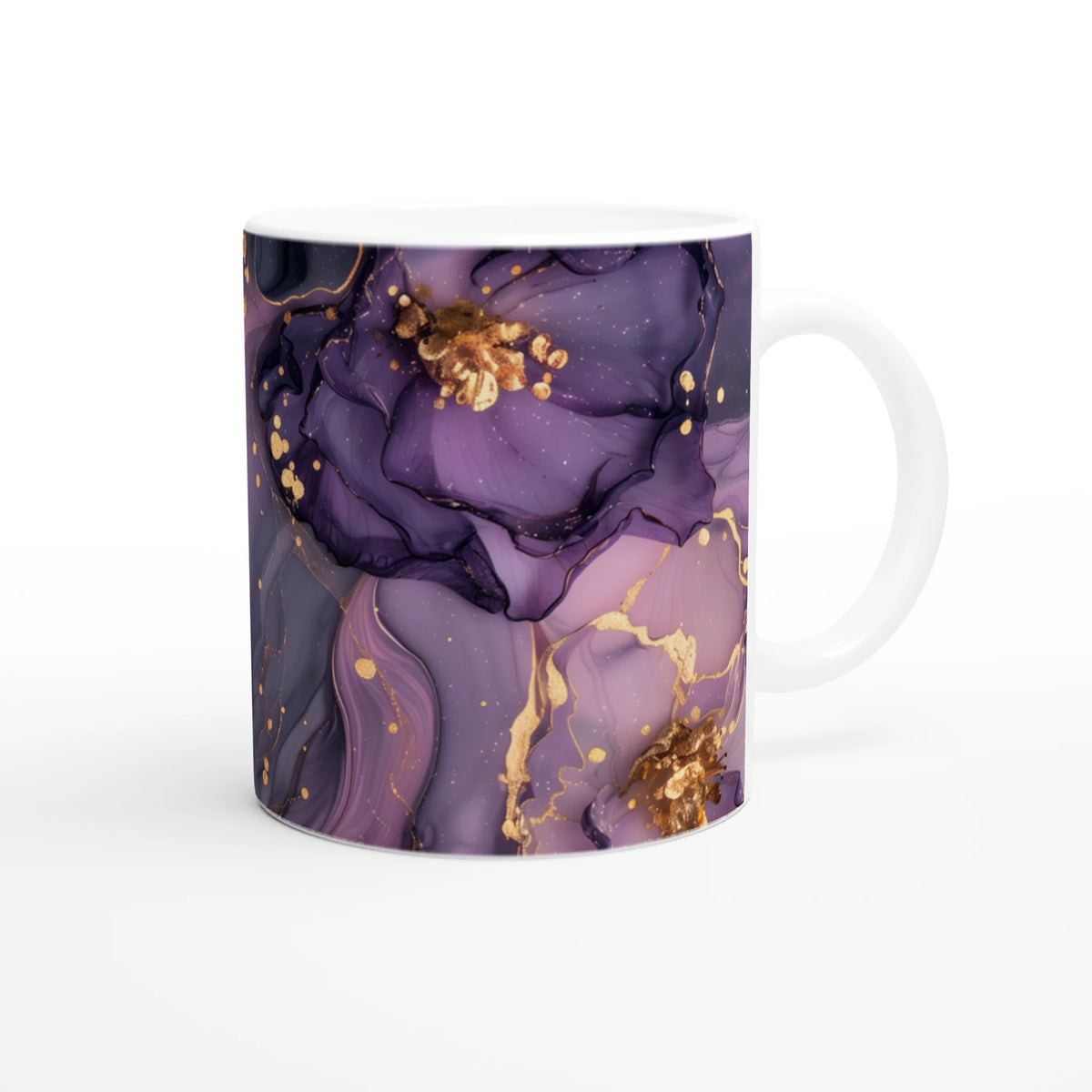 Purple & Gold Marble Mug - luxury abstract agate ceramic coffee cup with white interior.