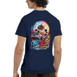 Navy men's t-shirt back featuring colorful "Built Not Bought" graphic with modified car and palm trees.