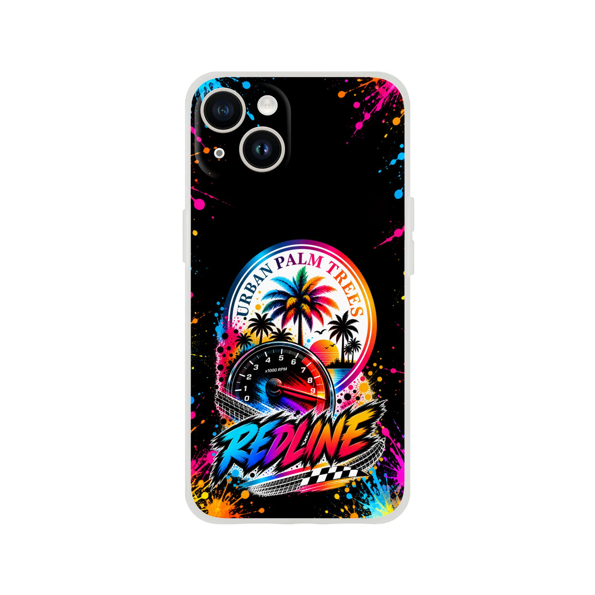 Vibrant Redline car culture iPhone case featuring a speedometer, palm trees, and colorful paint splatter on a black background.
