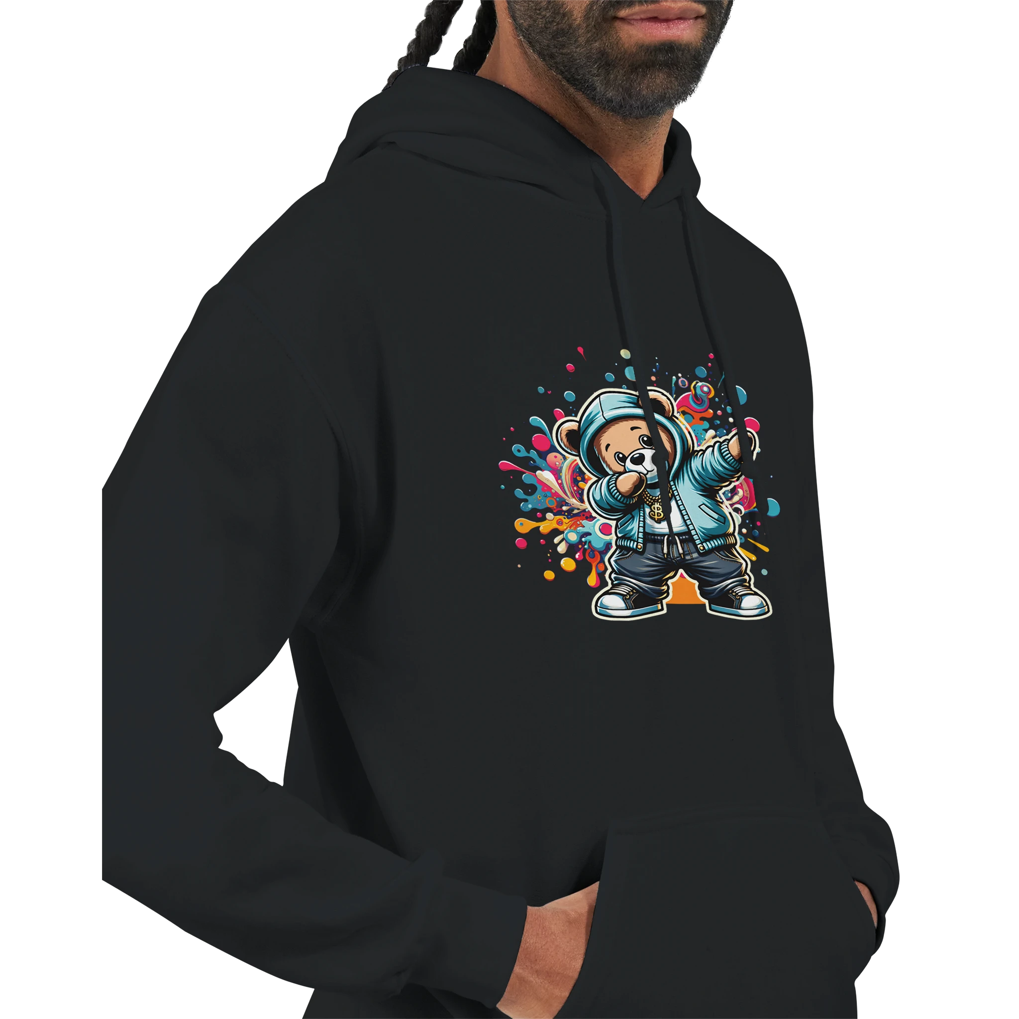 Men's Dab Teddy Bear Hoodie, 50/50 cotton blend, bold teddy bear graphic on black hoodie with colorful splash.