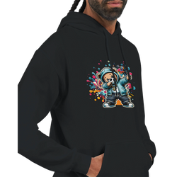 Men's Dab Teddy Bear Hoodie, 50/50 cotton blend, bold teddy bear graphic on black hoodie with colorful splash.