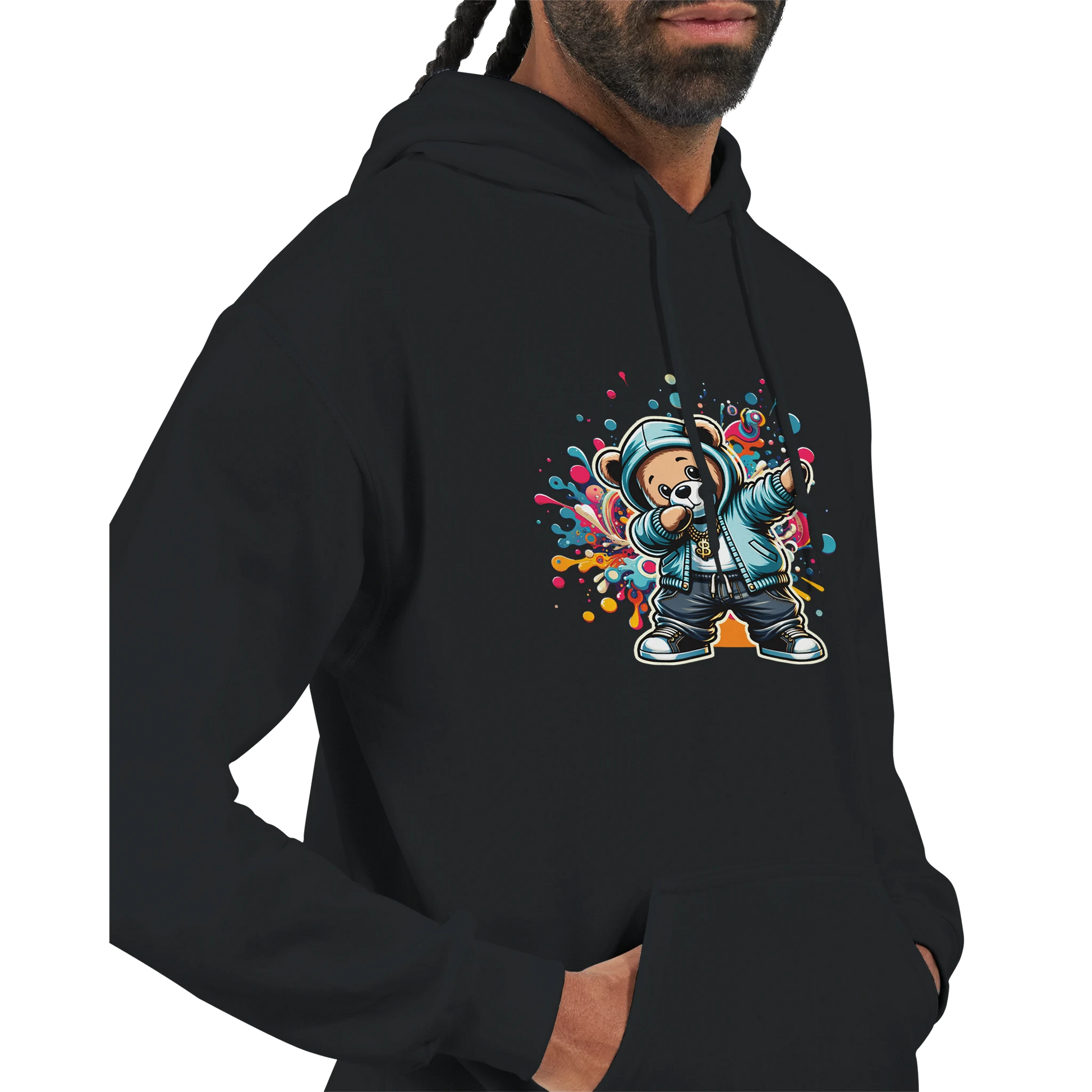 Black men's teddy bear hoodie with colorful graphic design on a white background. 7
