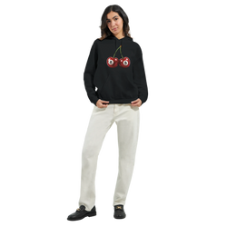 Lucky Cherries Jumper women's hoodie in black cotton-blend with cherry graphic and front pocket.