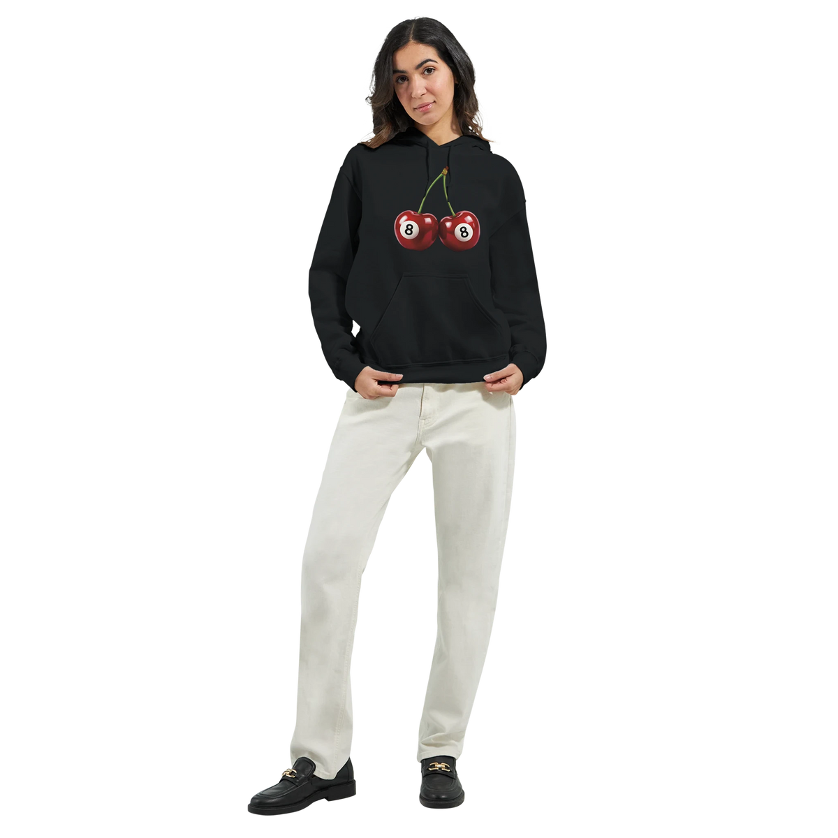 Lucky Cherries Jumper women's hoodie in black cotton-blend with cherry graphic and front pocket.