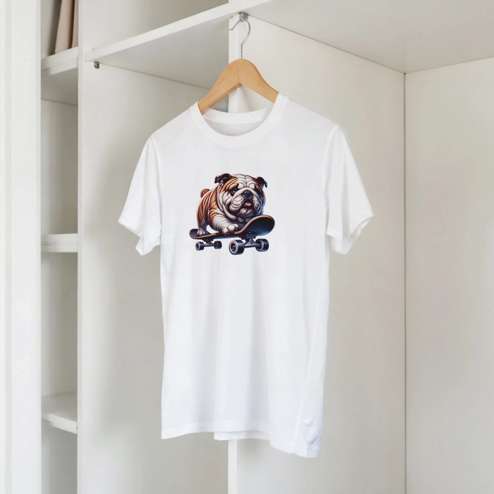 White cotton blend men's tee with bulldog riding a skateboard graphic.