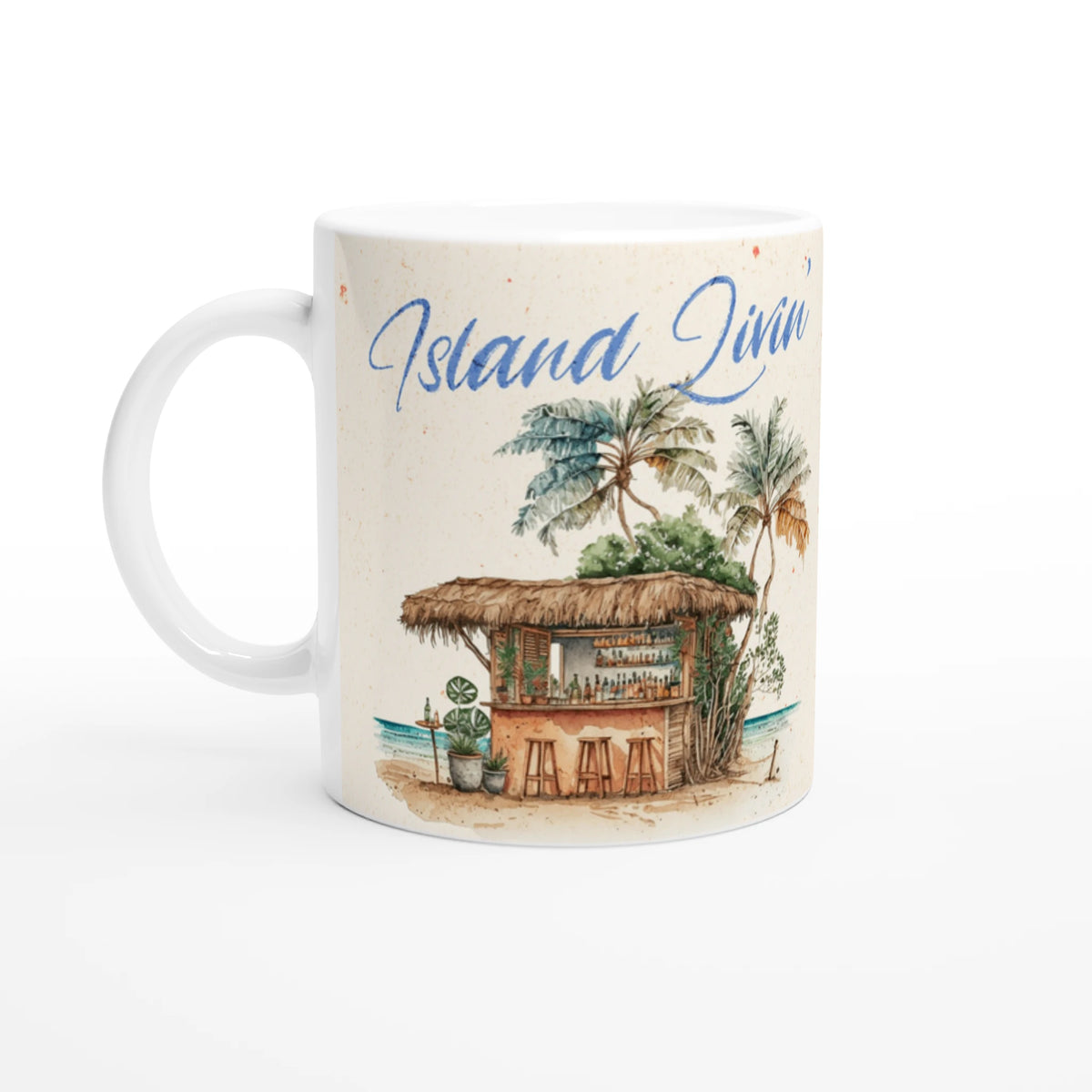 Retro postcard mug with tropical island scene, palm trees and huts in vintage colors.