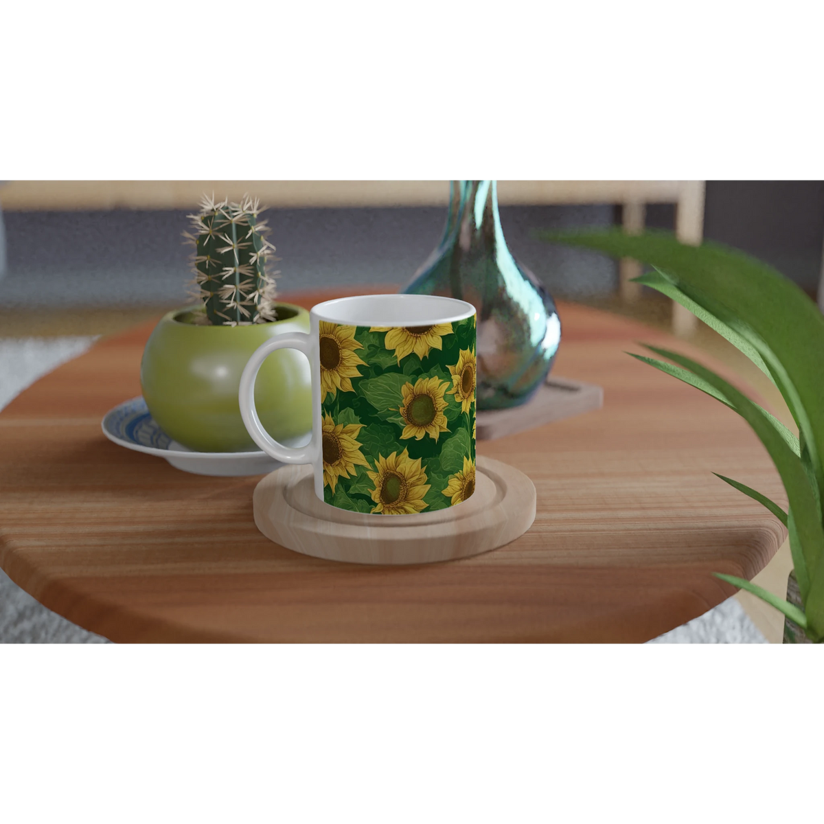 Vintage sunflower mug with bright floral design on green background sits on a wooden table beside plants.