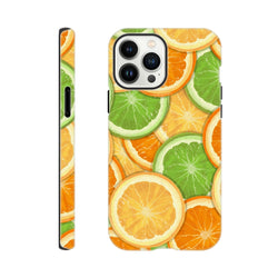Tough iPhone case featuring a vibrant wraparound print of sliced oranges and limes, providing durable citrus fruit protection.