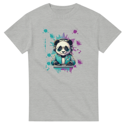 Grey men's t-shirt featuring a colorful graphic of a panda DJ wearing headphones and sunglasses at a turntable with teal and purple splatter art.