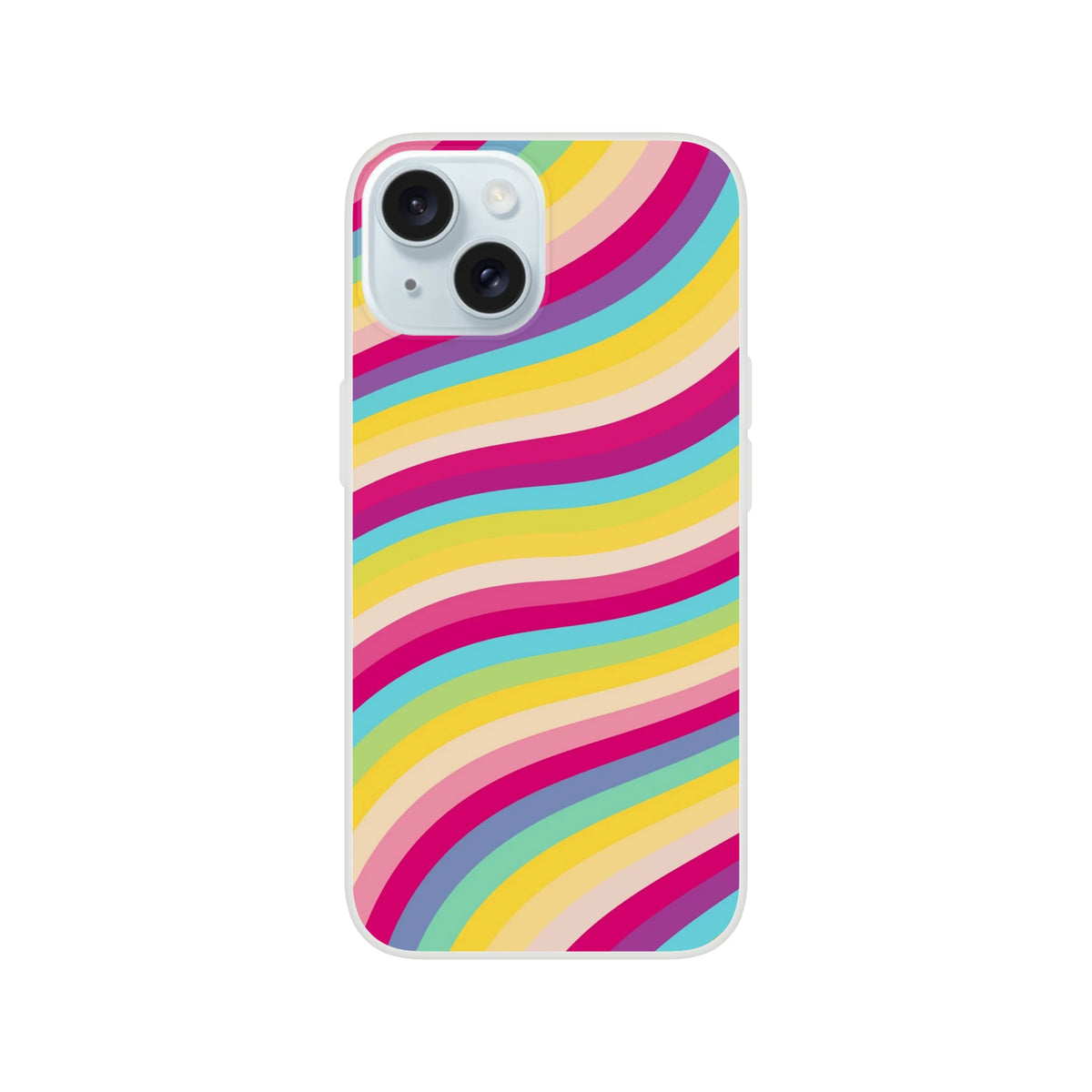 Groovy Rainbow Wave iPhone Case (13-16) with multicolor retro Y2K wavy stripes, matte finish