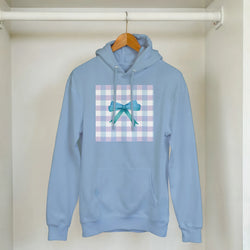 Light blue hooded pullover featuring a pastel gingham square graphic with a teal bow detail. Coquette style relaxed fit sweatshirt.