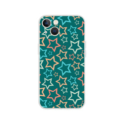 Retro multicolour star iPhone case for iPhone 13–16 with bold Y2K star print on teal background.