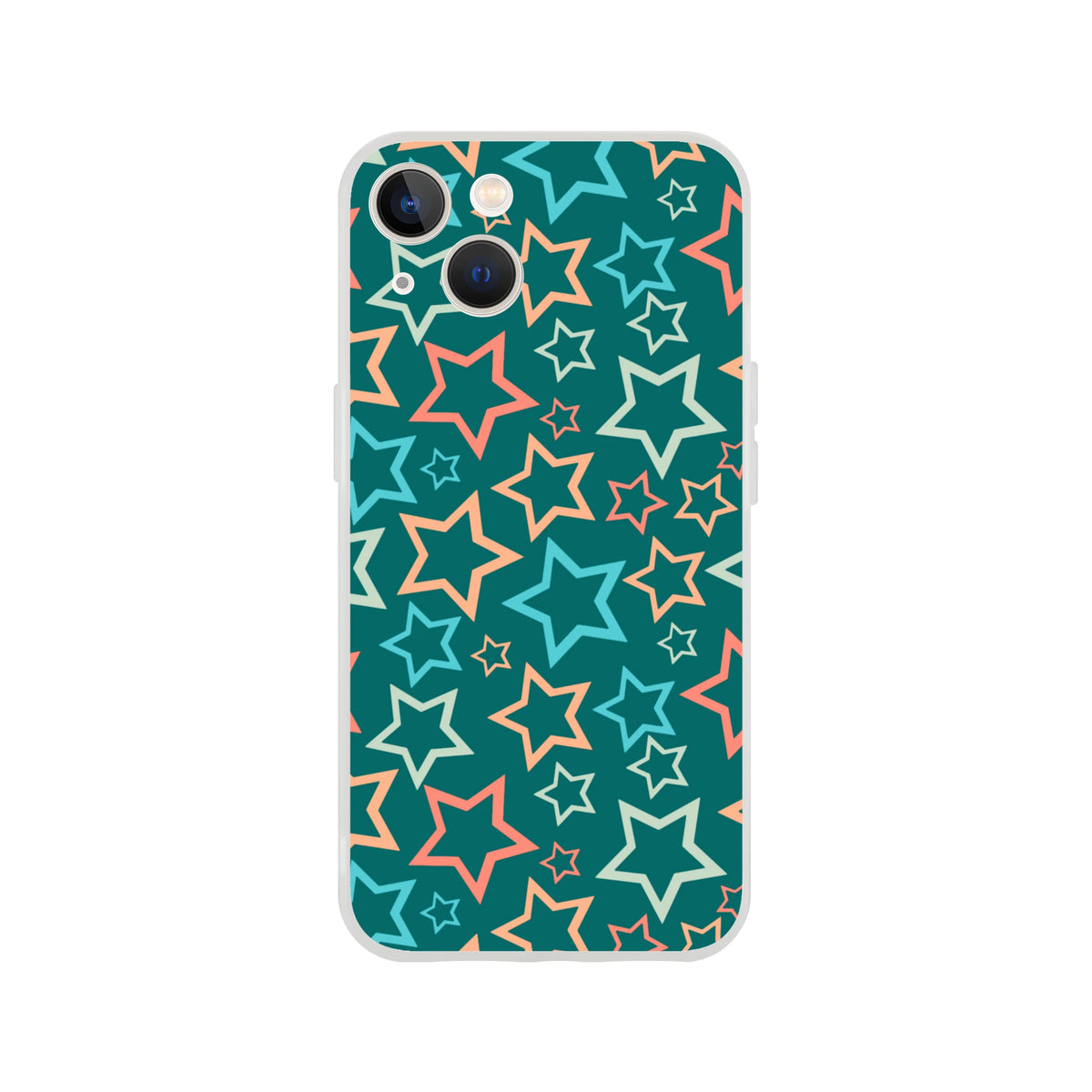 Retro multicolour star iPhone case for iPhone 13–16 with bold Y2K star print on teal background.
