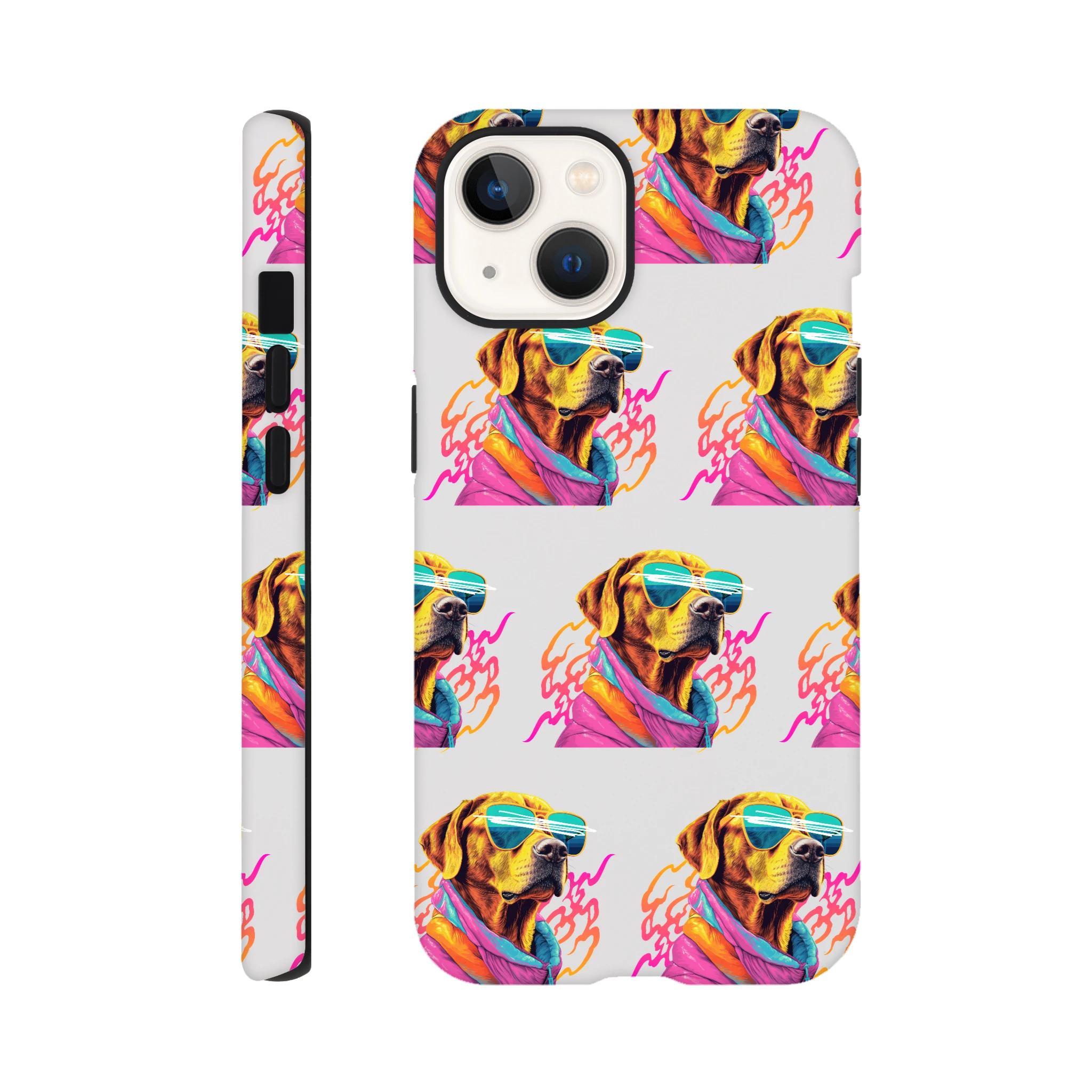 Cool Dog Phone Case for iPhone 16, 15, 14, 13 with colorful dog wearing sunglasses and wraparound print.