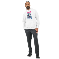 Male model in white Monkey DJ graphic hoodie with pink and blue artwork; 50/50 cotton-poly blend.