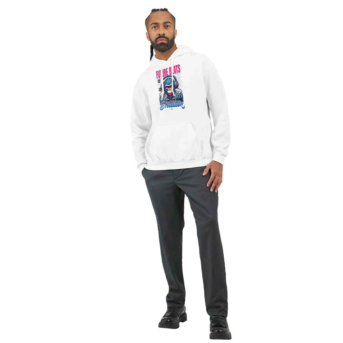 Male model in white Monkey DJ graphic hoodie with pink and blue artwork; 50/50 cotton-poly blend.