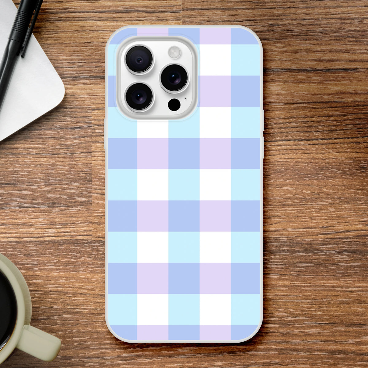 Blue gingham pastel checkered iPhone case for 13-16 with slim flexible shell and long-lasting vibrant print.