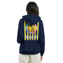 Back view of navy hoodie featuring retro striped yellow graphic print with lemons and Urban Palm Trees text.