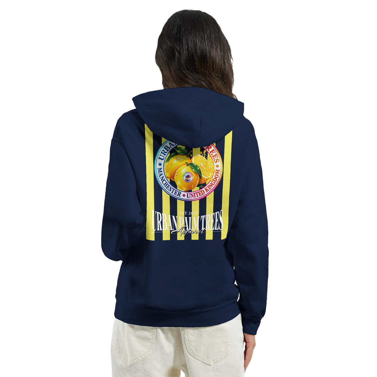 Back view of navy hoodie featuring retro striped yellow graphic print with lemons and Urban Palm Trees text.
