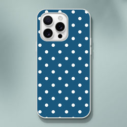 Retro navy blue and white polka dot iPhone case with matte finish and shock-absorbing TPU protection for models 13-16.