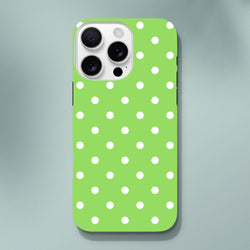 Green and white polka dot tough iPhone case featuring a cute design with shock-absorbing protection for models 13-16.