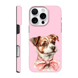 Pink tough iPhone case featuring an illustrated dog wearing a floral bow tie. Shock-absorbent phone cover compatible with iPhone 13-16.