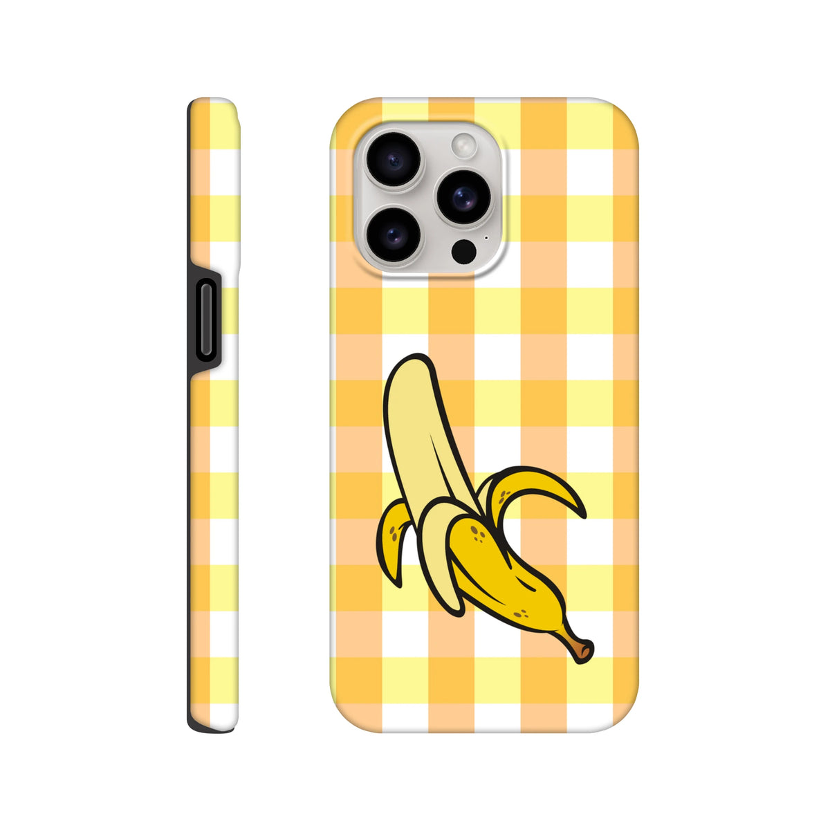Yellow gingham iPhone case featuring a peeled cartoon banana design. Tough protective cover with orange and white checkered pattern.