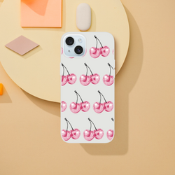 Slim clear iPhone case with pink disco-ball cherry pattern for iPhone 13–16.