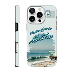 Tough iPhone case featuring a vintage Malibu beach scene, ocean waves, pier, and "thinkin of you in Malibu" travel graphic.