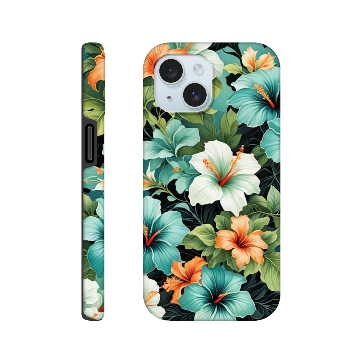 Tropical floral iPhone case featuring teal, orange, and white hibiscus flowers with dark leaves on a black background.