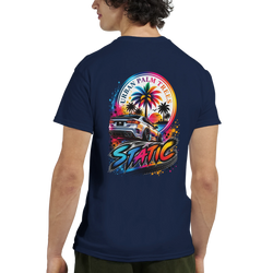 Navy blue t-shirt back featuring colorful "Static" graphic with modified car, palm trees, and Urban Palm Trees sunset design.