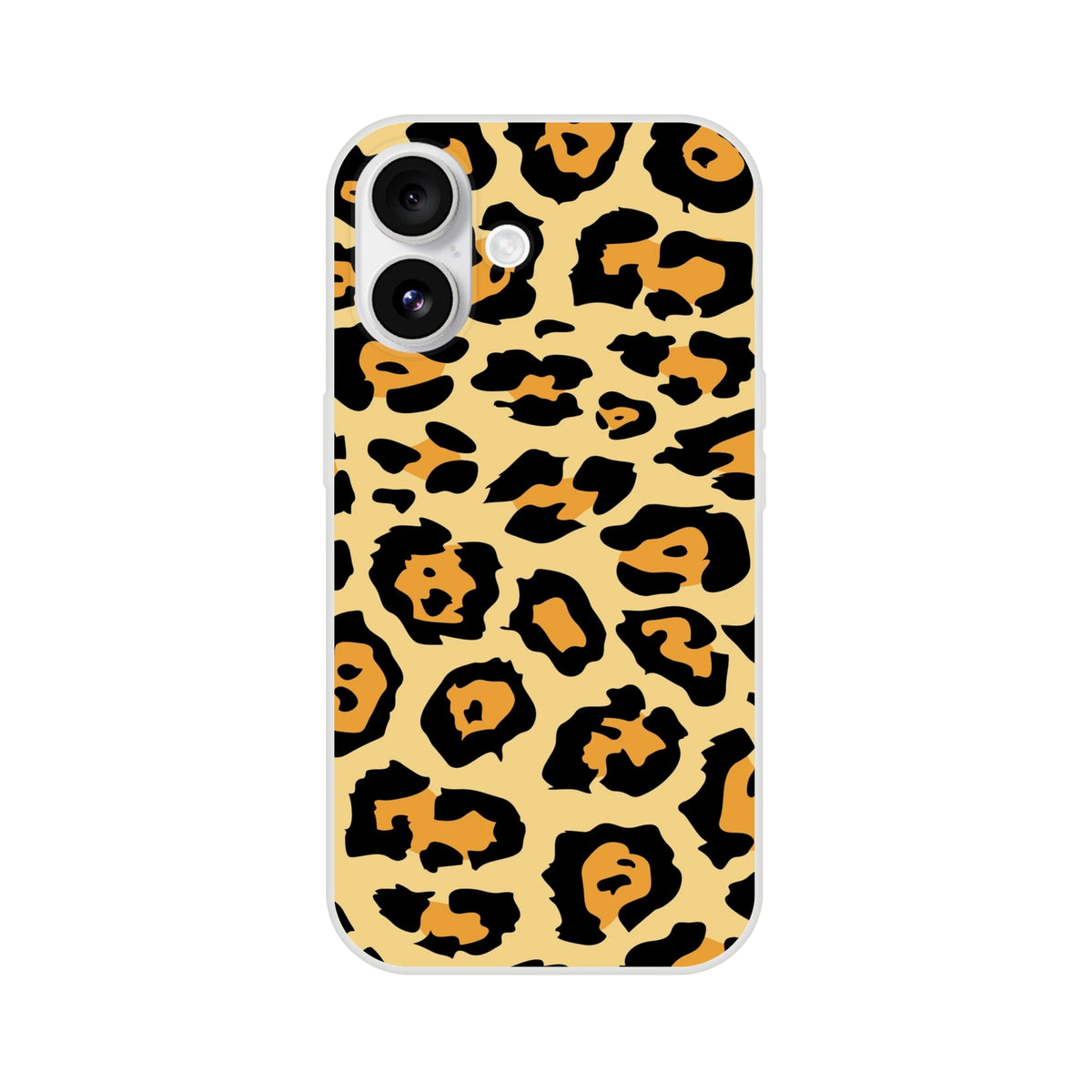 Classic leopard print iPhone case for 13-16, tan background with bold black and orange retro animal print.
