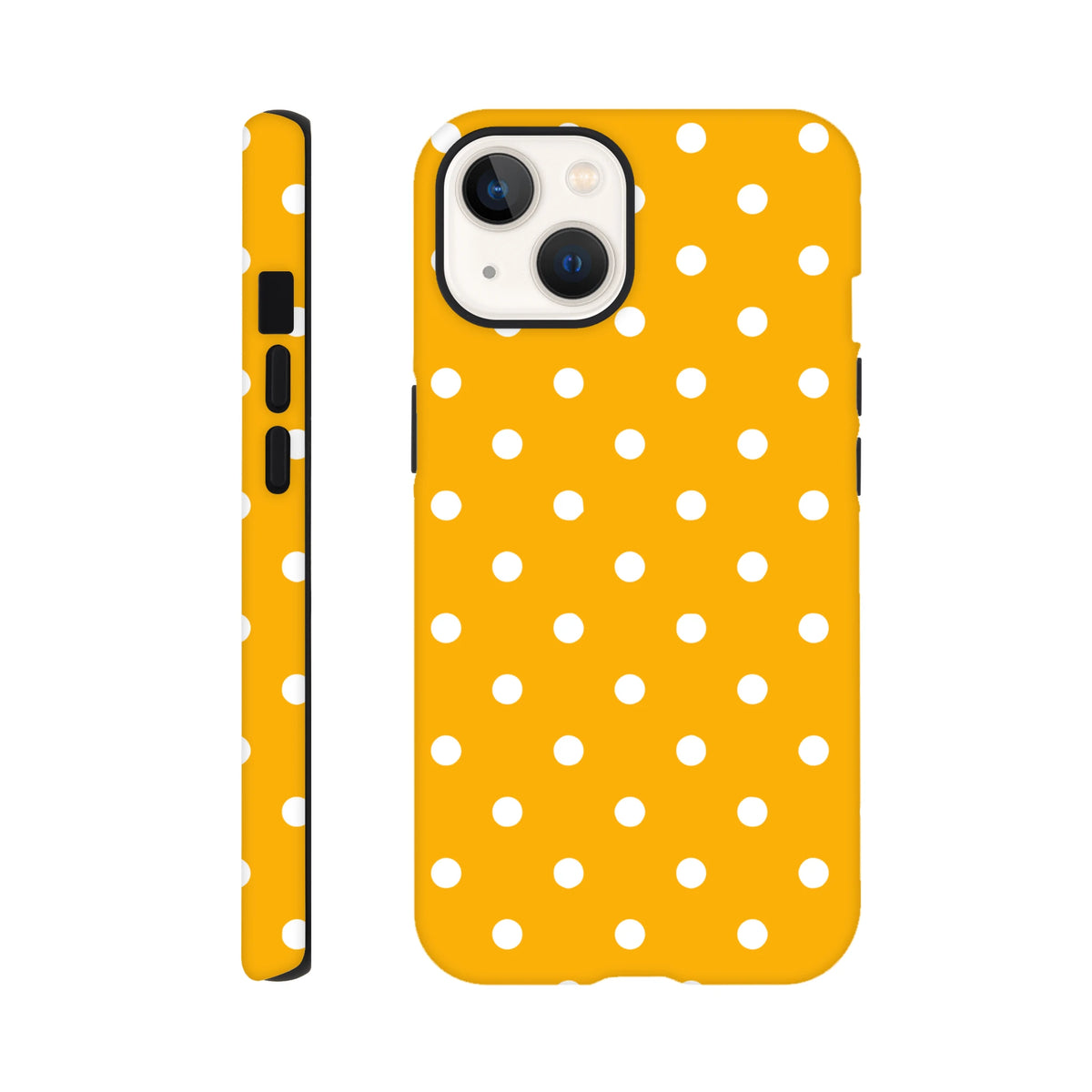 Orange and white polka dot tough iPhone case with shock-absorbing TPU shell, exact port access, and wireless charging support for iPhone 13-16.