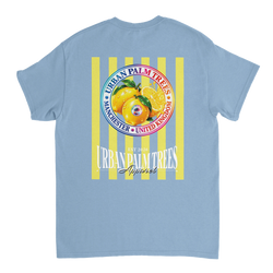 Retro light blue t-shirt back featuring yellow stripes and a vintage lemon graphic inside a circular Manchester United Kingdom emblem.