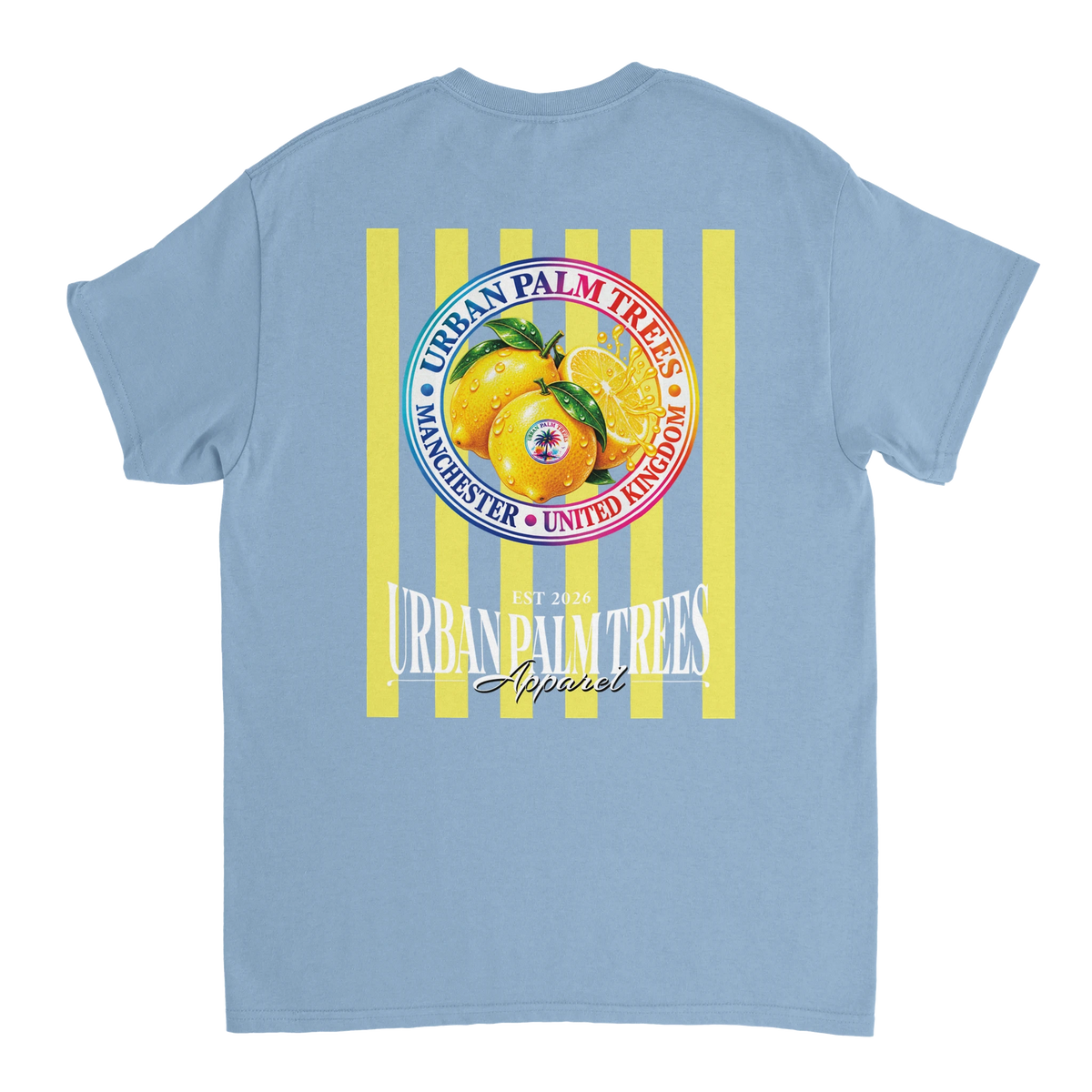 Retro light blue t-shirt back featuring yellow stripes and a vintage lemon graphic inside a circular Manchester United Kingdom emblem.