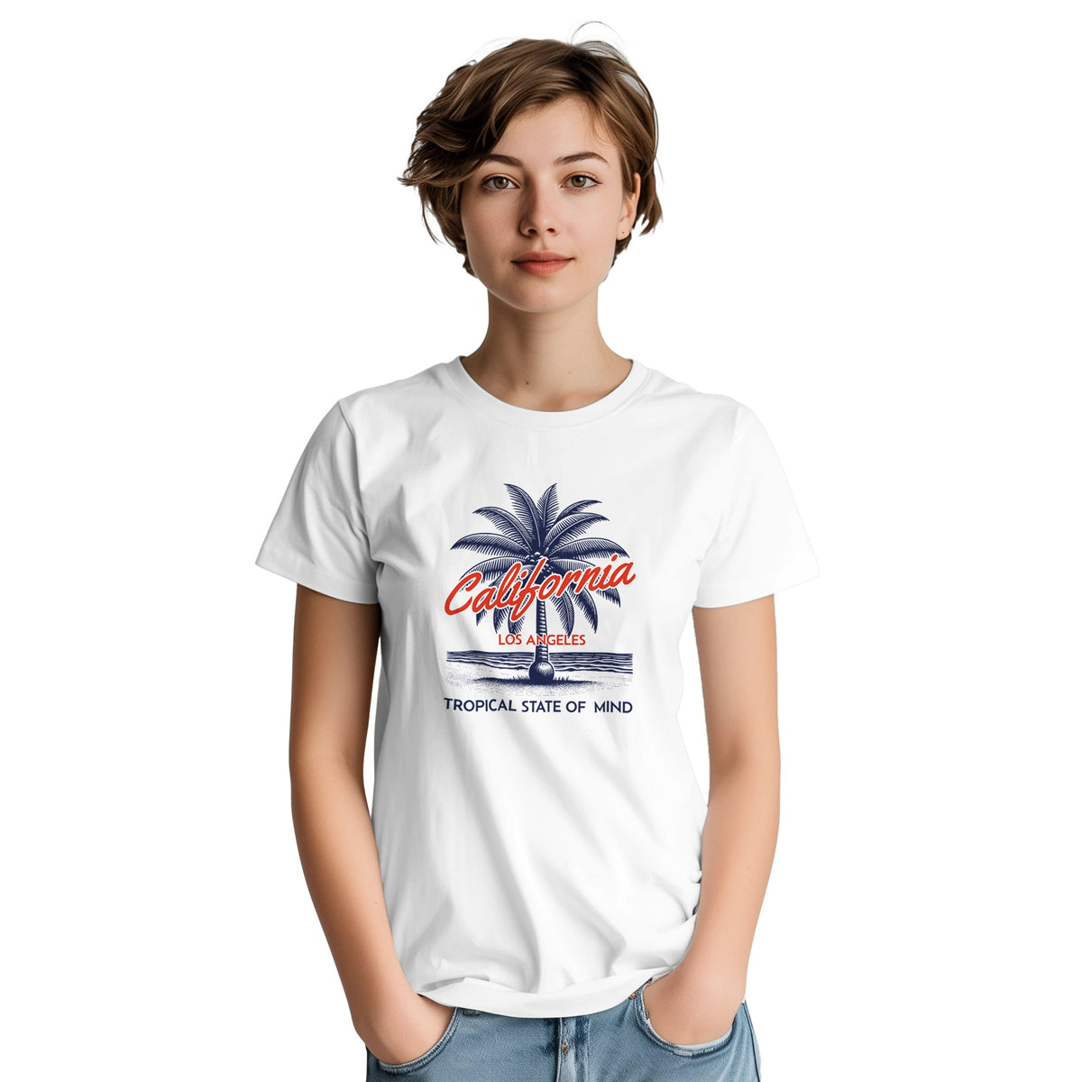 Young woman wearing white California graphic T-shirt featuring navy palm tree and orange California lettering.