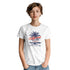 Young woman wearing white California graphic T-shirt featuring navy palm tree and orange California lettering.