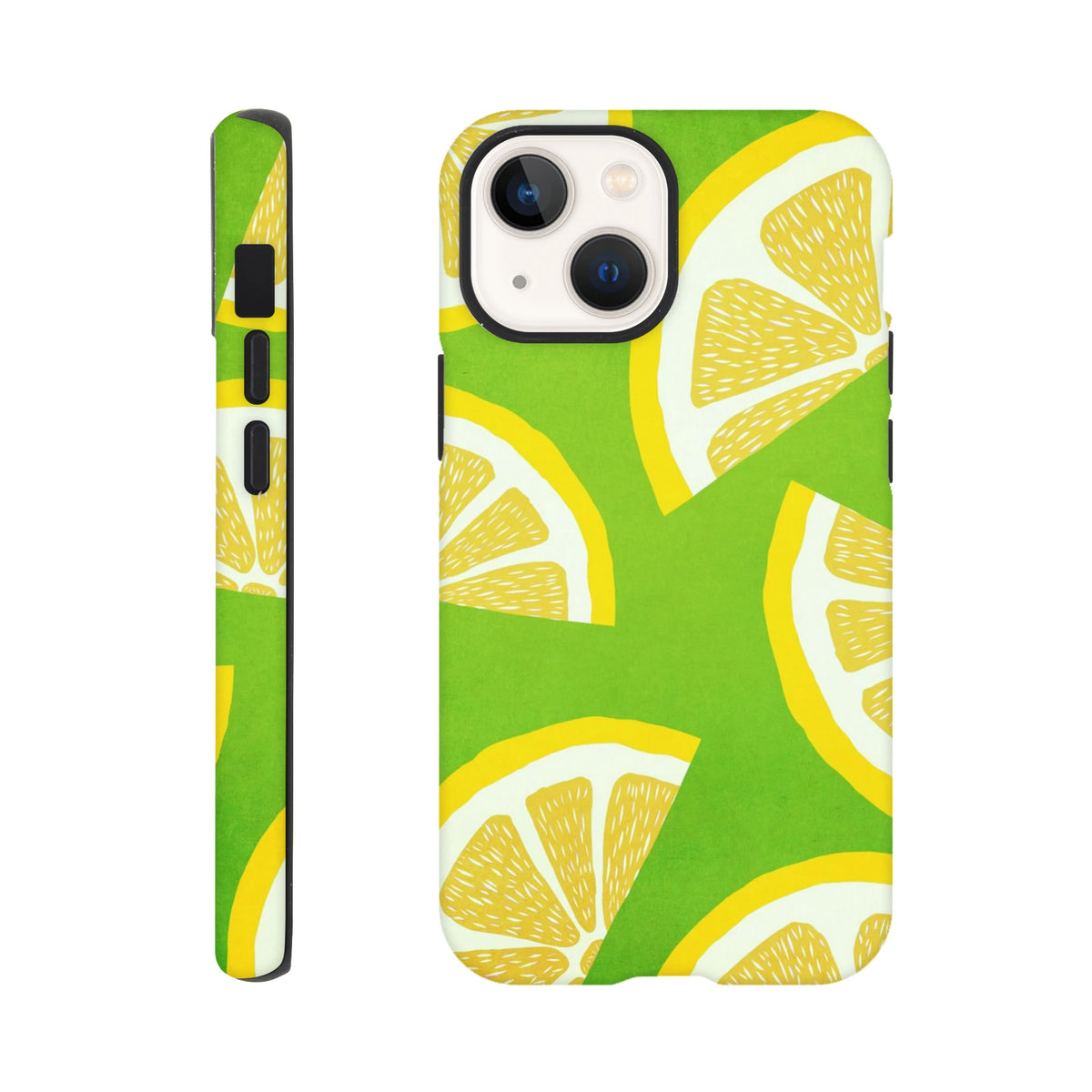 Shock-absorbing iPhone case featuring a bold yellow lemon slice pattern on a vibrant green background for urban protection.