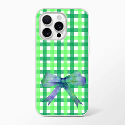 Green Gingham Bow iPhone Case (13-16), Cute Coquette aesthetic; frosty transparent TPU with bow, shock-absorbing
